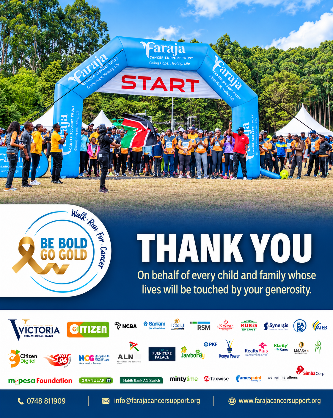 Faraja Cancer Support Trust thank you poster for Be Bold Go Gold 2026 partners