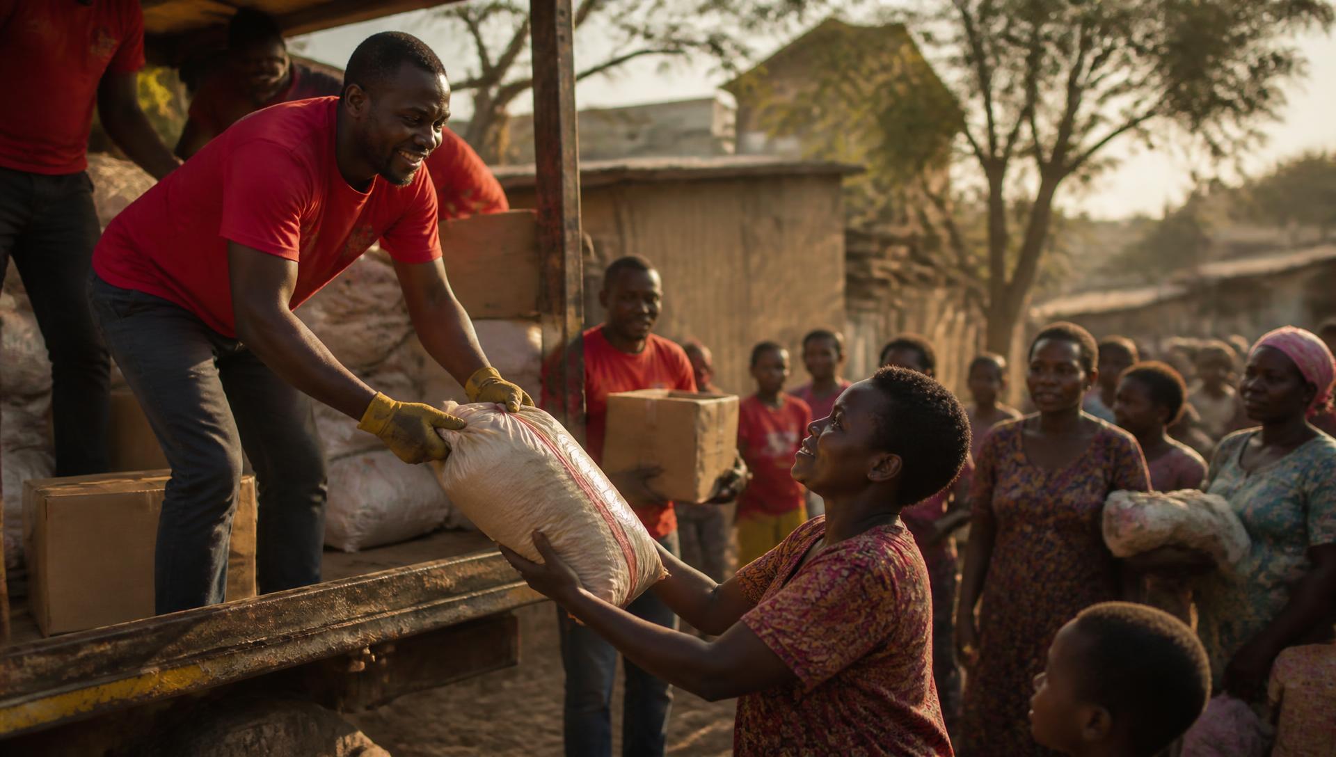 Simba Foundation staff and partners with food parcels at a community distribution