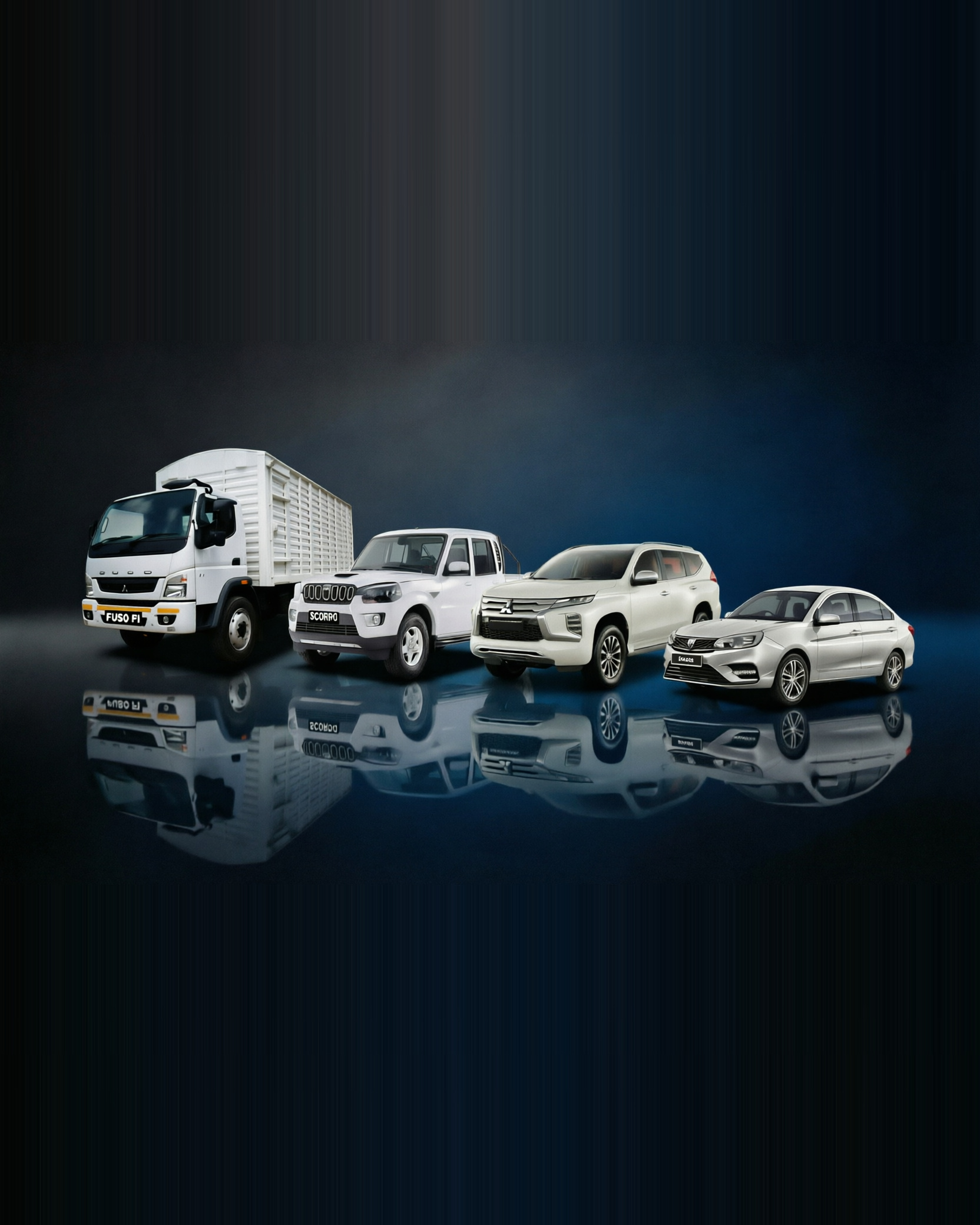 Four vehicles from the Simba Motors portfolio in a dark studio