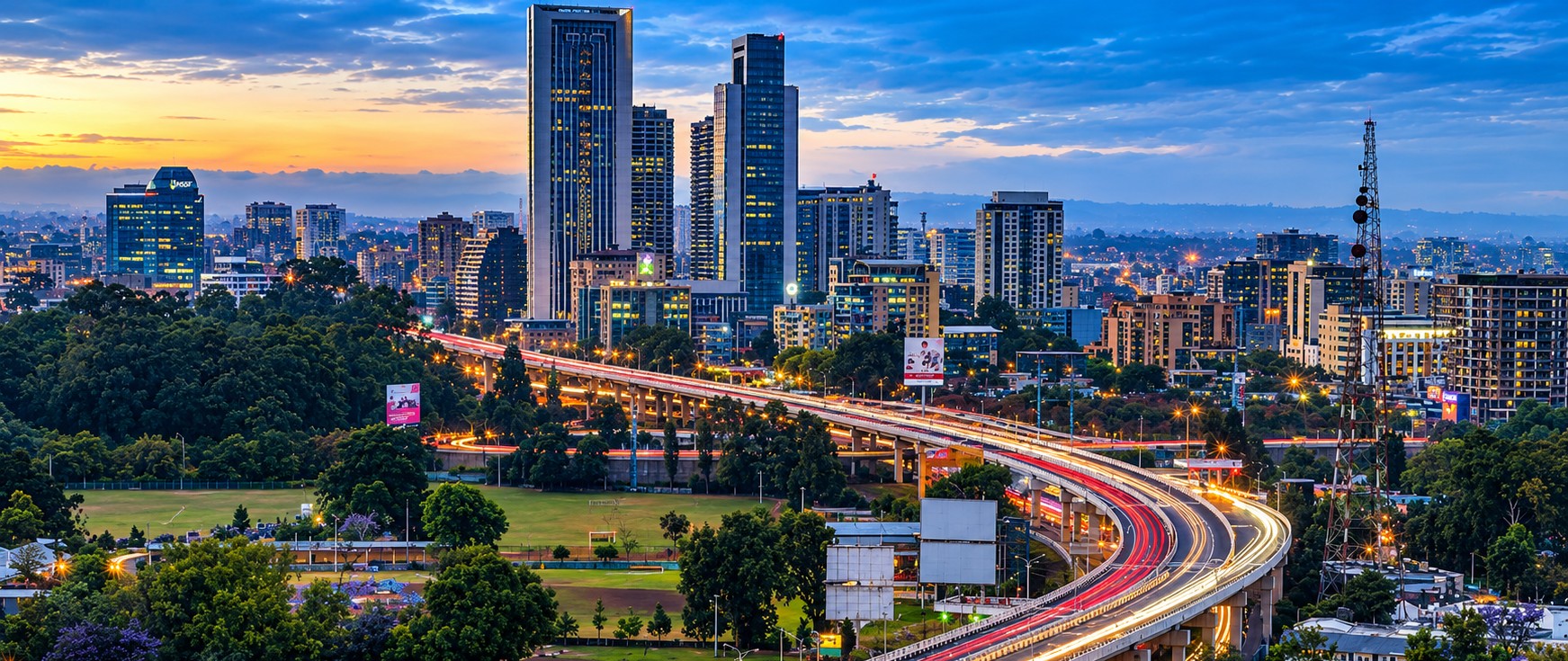 Nairobi skyline and expressway at dusk